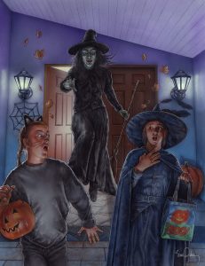 A color illustration of a witch carrying a broom bursting through the front door of a house, surprising two teenage girls who are trick or treating. One girl is dressed as a cat, and the other as a witch.
